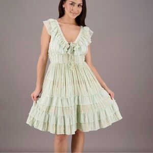 Sea Green Boho Lace Ruffle Midi Dress L/XL Tiered Sleeveless Tie Back